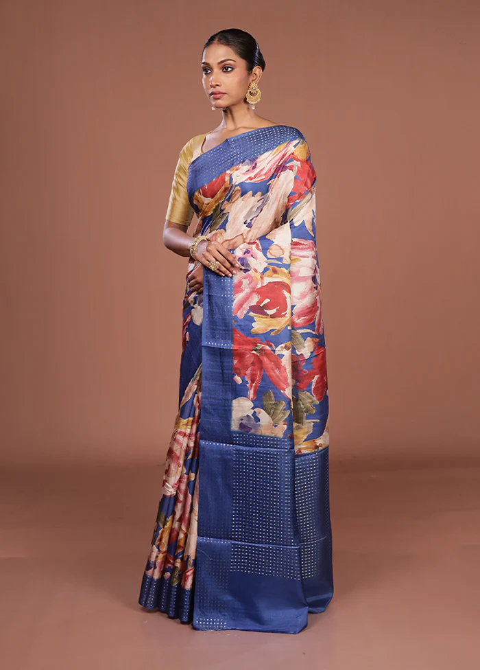 Blue Tussar Silk Saree With Blouse Piece - Image 4