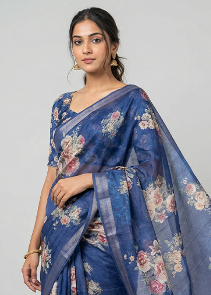 Blue Tussar Silk Saree With Blouse Piece - Image 2