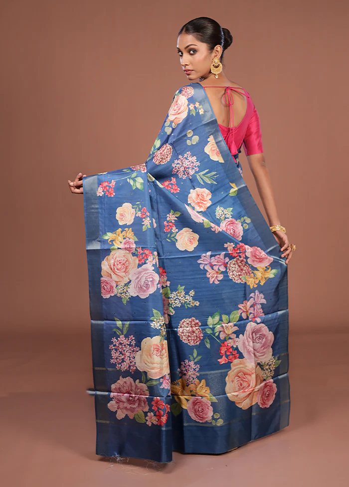 Blue Tussar Silk Saree With Blouse Piece - Image 3