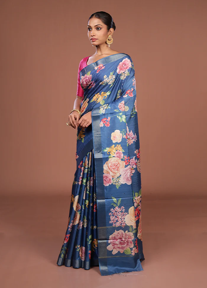 Blue Tussar Silk Saree With Blouse Piece - Image 4