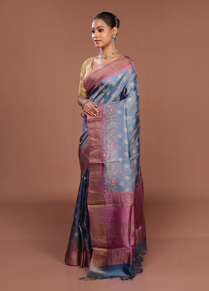 Blue Tussar Silk Saree With Blouse Piece - Image 4
