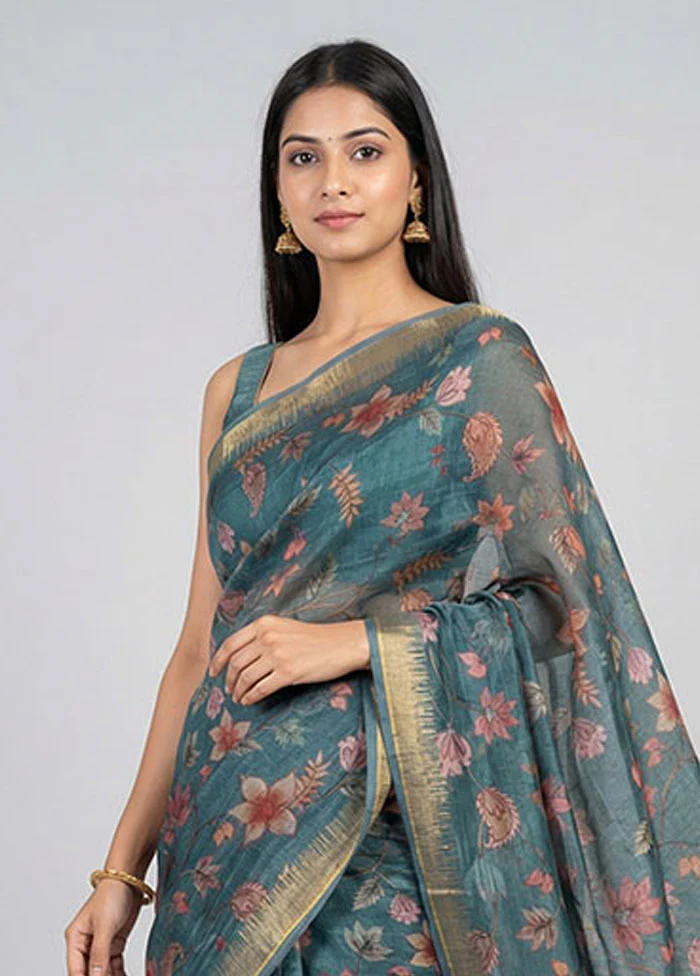 Blue Tussar Silk Saree With Blouse Piece - Image 2