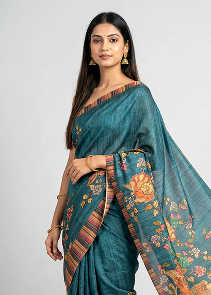 Blue Tussar Silk Saree With Blouse Piece - Image 2