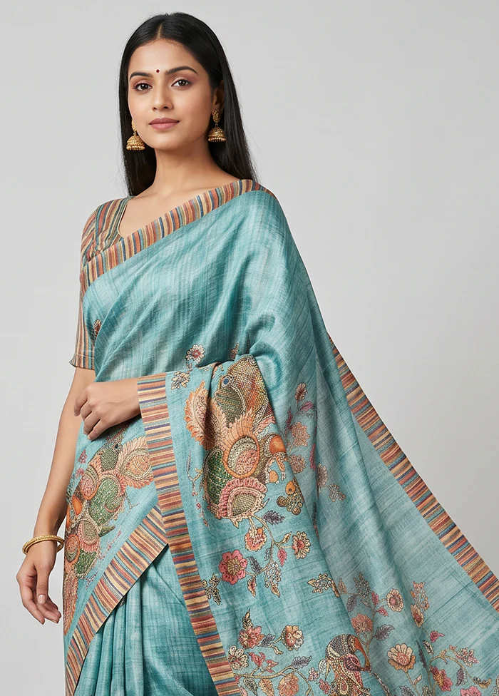 Blue Tussar Silk Saree With Blouse Piece - Image 2