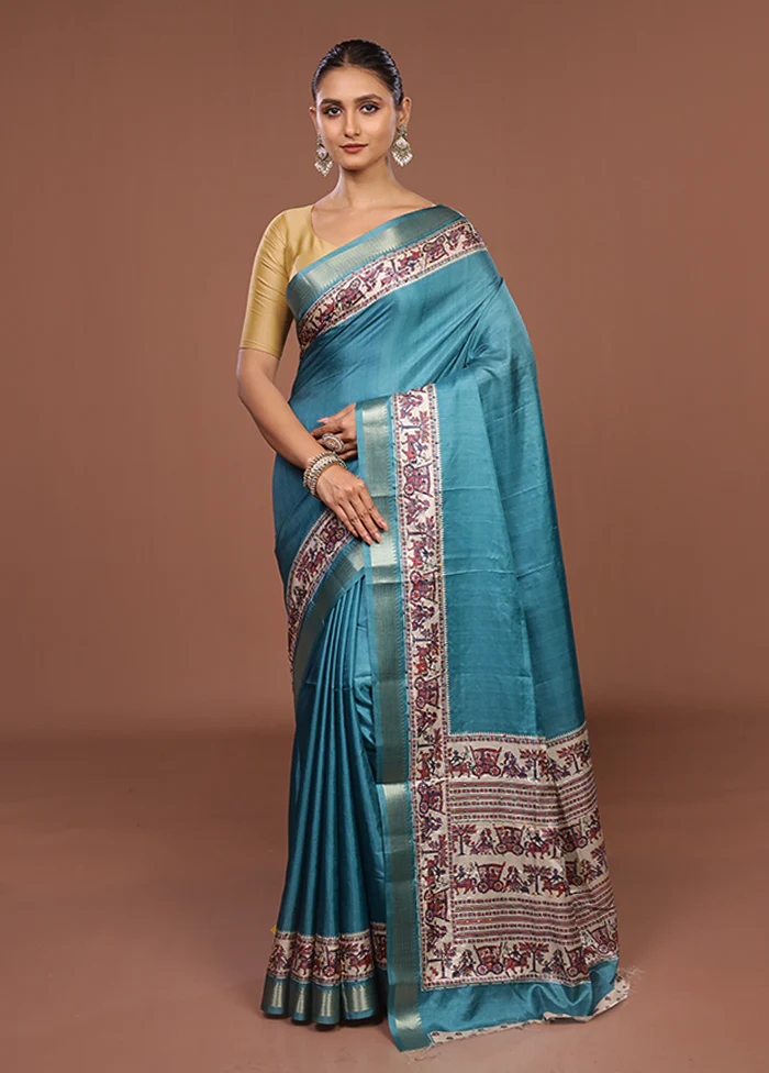 Blue Tussar Silk Saree With Blouse Piece - Image 2
