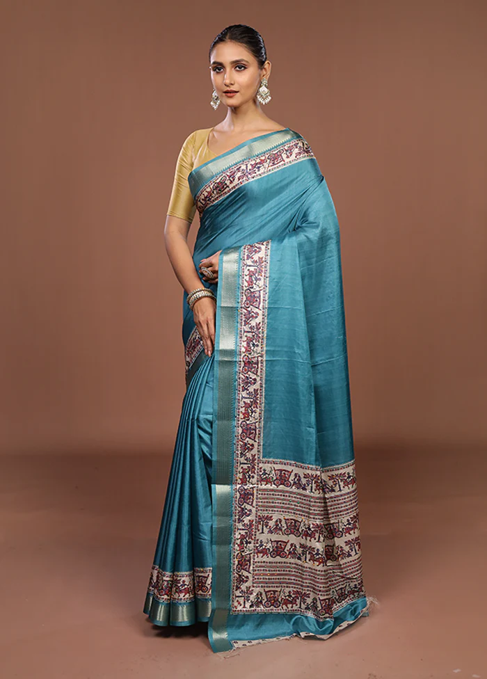 Blue Tussar Silk Saree With Blouse Piece - Image 4