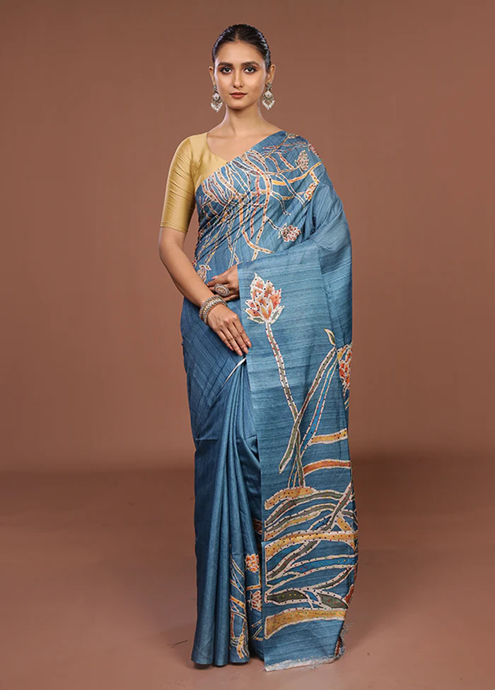 Blue Tussar Silk Saree With Blouse Piece - Image 2
