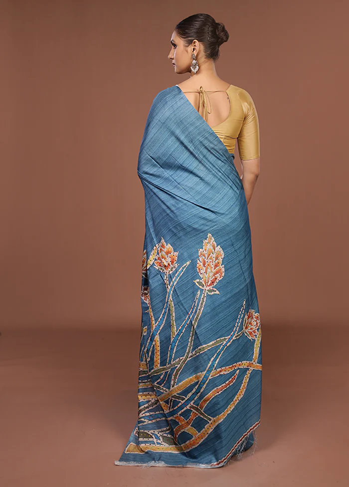 Blue Tussar Silk Saree With Blouse Piece - Image 3