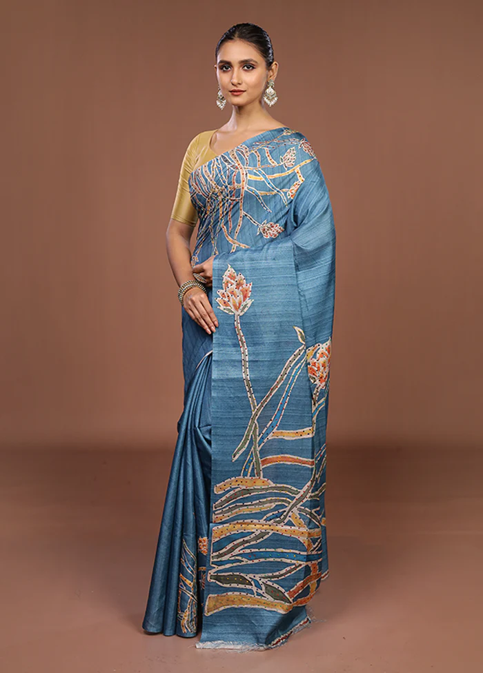 Blue Tussar Silk Saree With Blouse Piece - Image 4