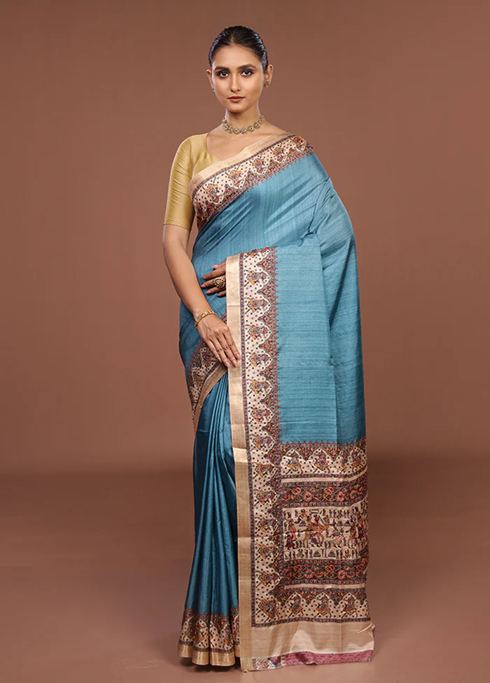 Blue Tussar Silk Saree With Blouse Piece - Image 2