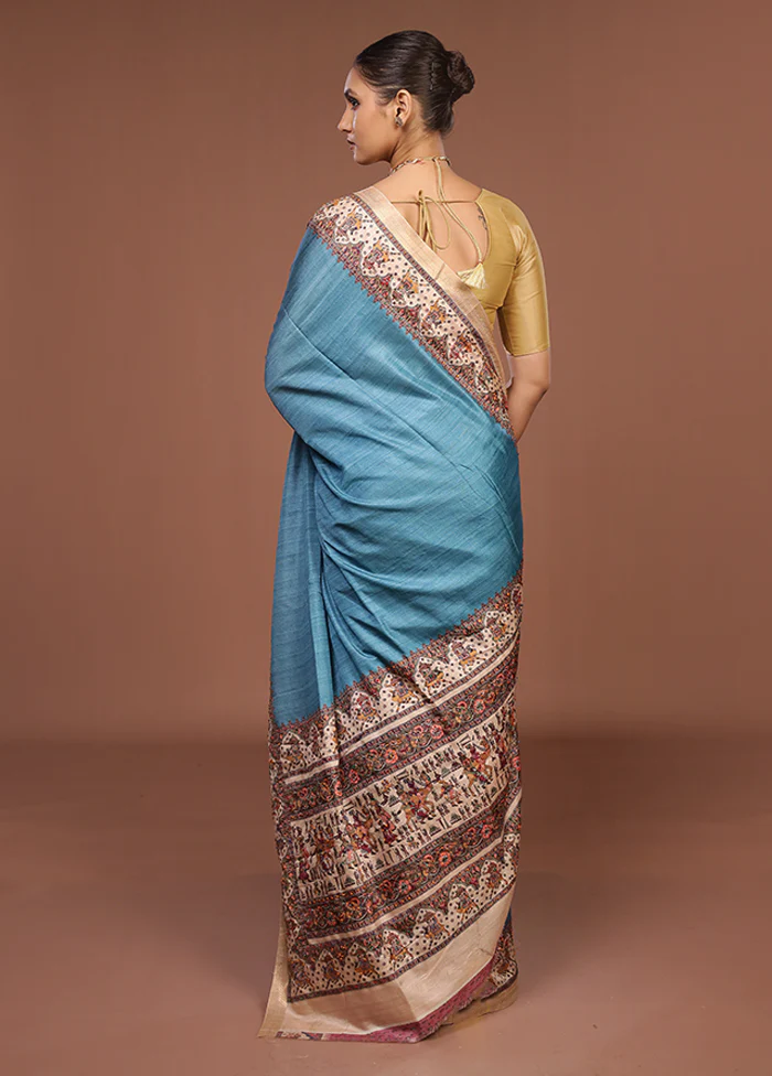 Blue Tussar Silk Saree With Blouse Piece - Image 3