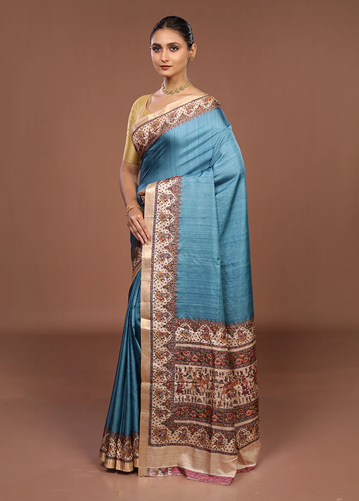 Blue Tussar Silk Saree With Blouse Piece - Image 4