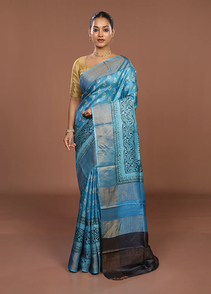 Blue Tussar Silk Saree With Blouse Piece - Image 2
