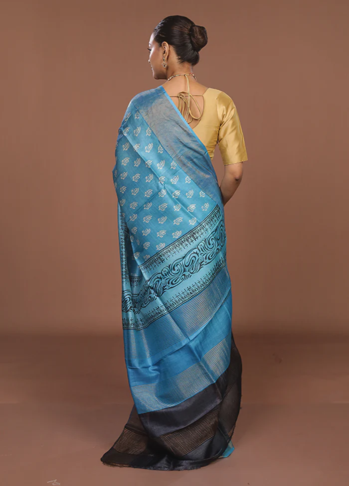 Blue Tussar Silk Saree With Blouse Piece - Image 3