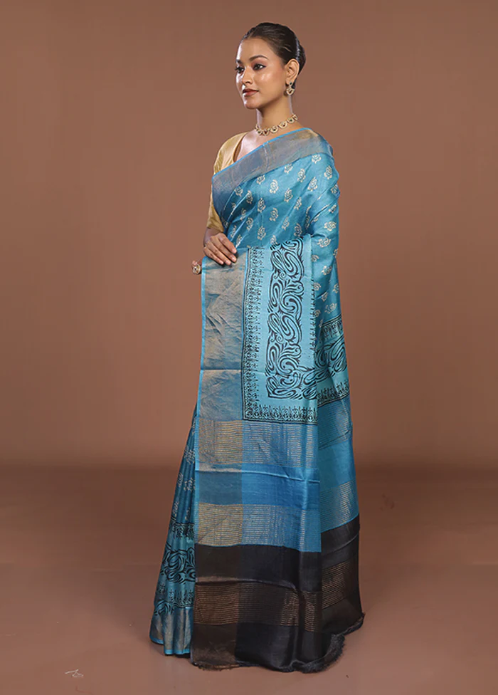 Blue Tussar Silk Saree With Blouse Piece - Image 4