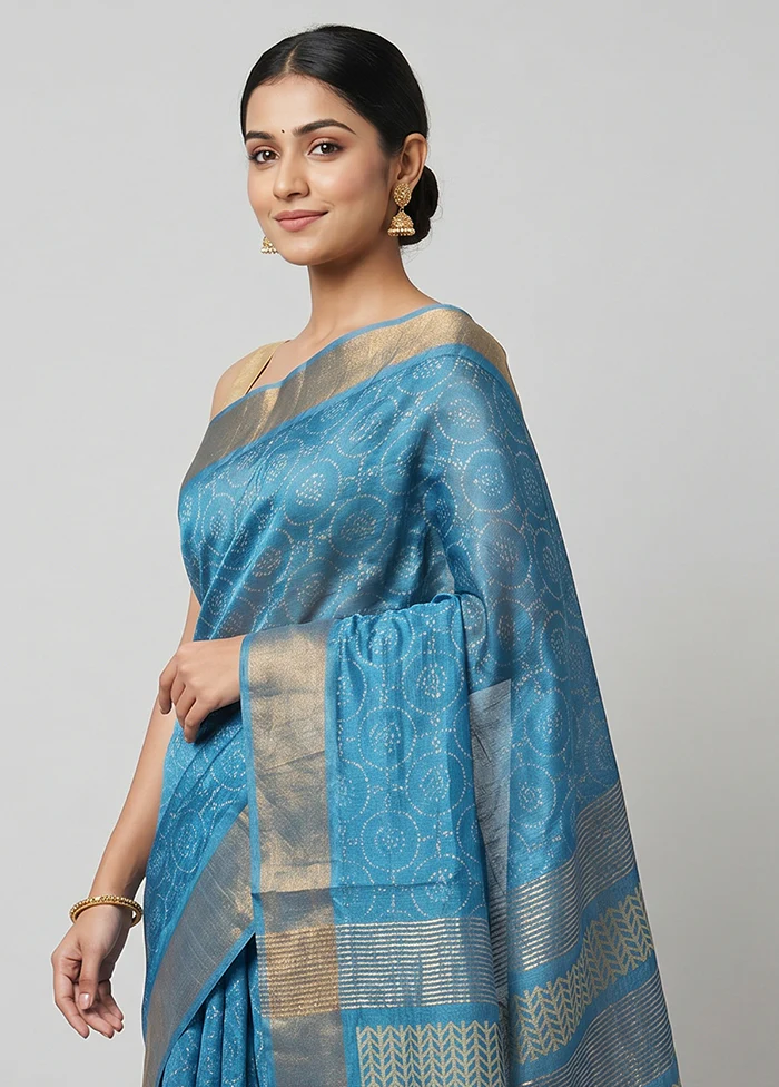 Blue Tussar Silk Saree With Blouse Piece - Image 2