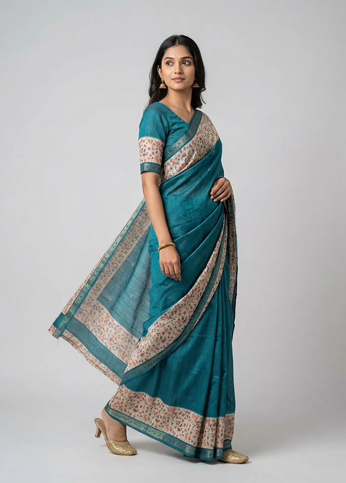 Blue Tussar Silk Saree With Blouse Piece