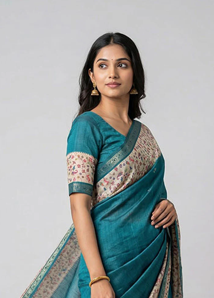 Blue Tussar Silk Saree With Blouse Piece - Image 2