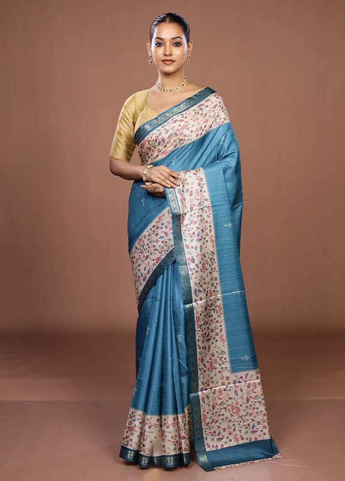 Blue Tussar Silk Saree With Blouse Piece - Image 2