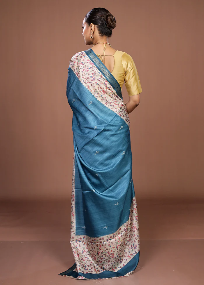 Blue Tussar Silk Saree With Blouse Piece - Image 3