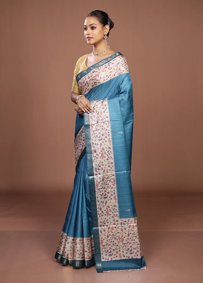 Blue Tussar Silk Saree With Blouse Piece - Image 4