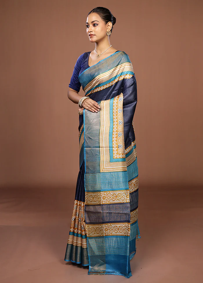 Blue Tussar Silk Saree With Blouse Piece - Image 4