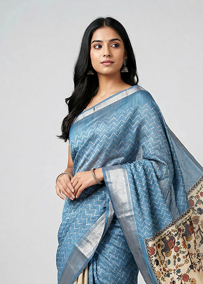 Blue Tussar Silk Saree With Blouse Piece - Image 2
