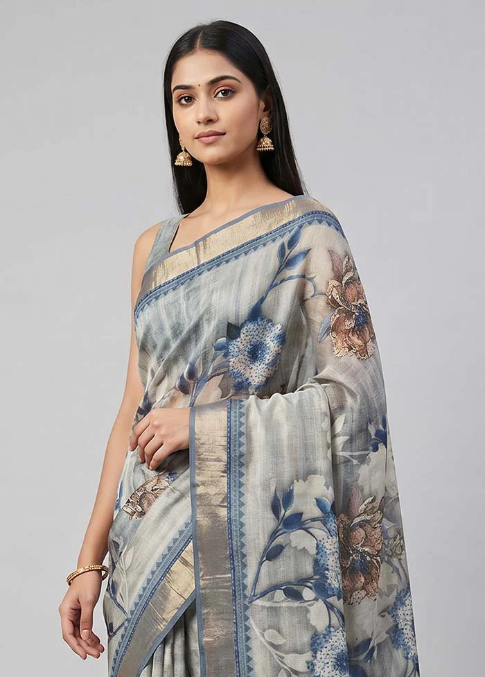 Blue Tussar Silk Saree With Blouse Piece - Image 2