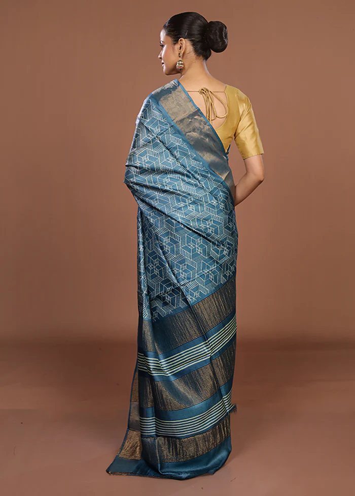 Blue Tussar Silk Saree With Blouse Piece - Image 3