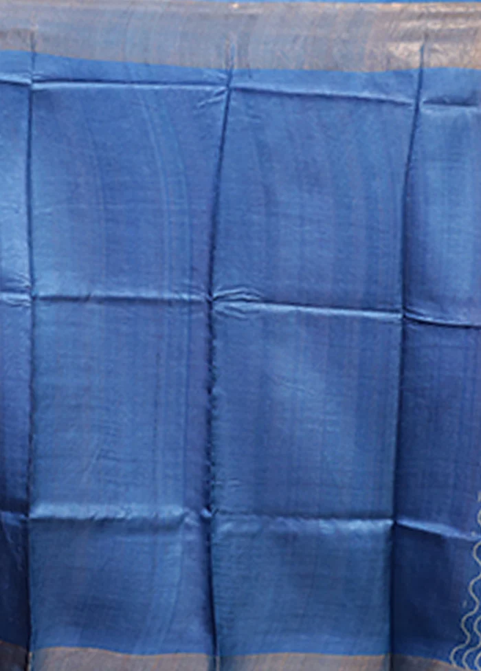 Blue Tussar Silk Saree With Blouse Piece - Image 5