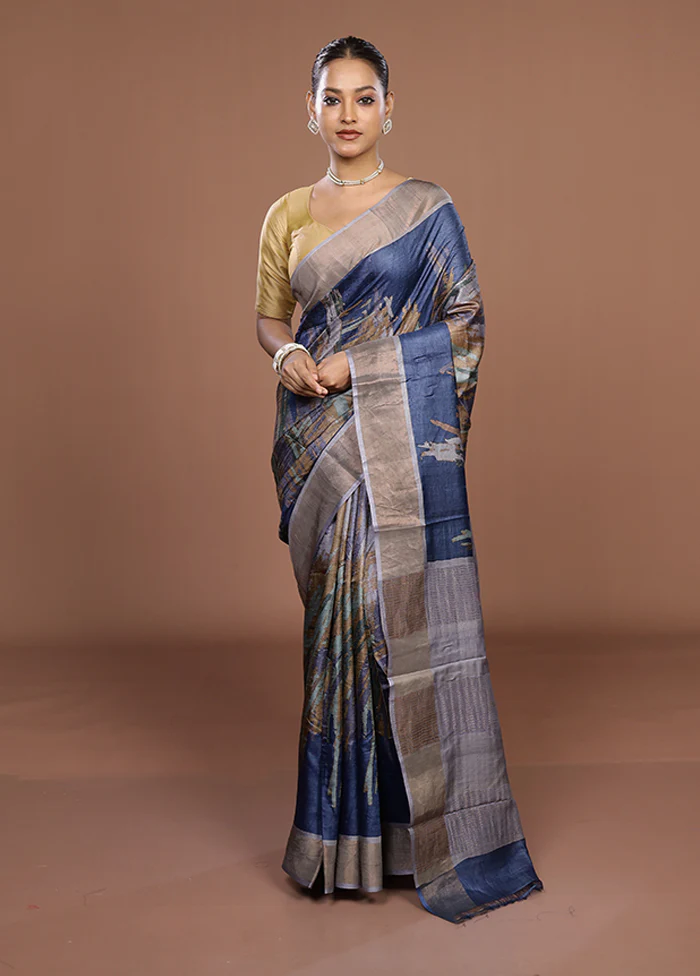 Blue Tussar Silk Saree With Blouse Piece - Image 2