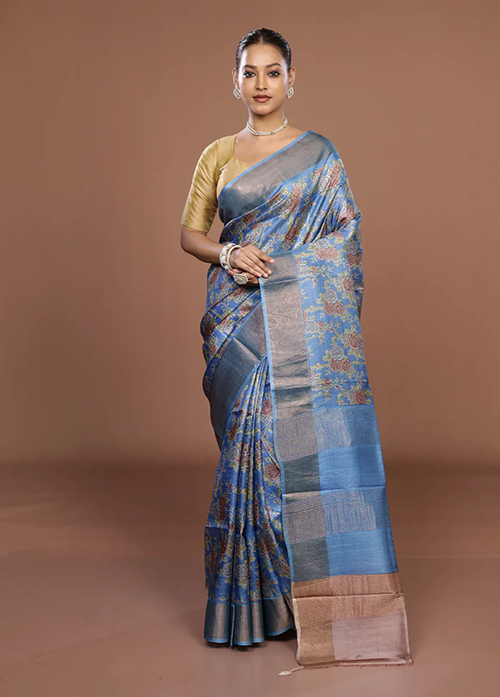 Blue Tussar Silk Saree With Blouse Piece - Image 2