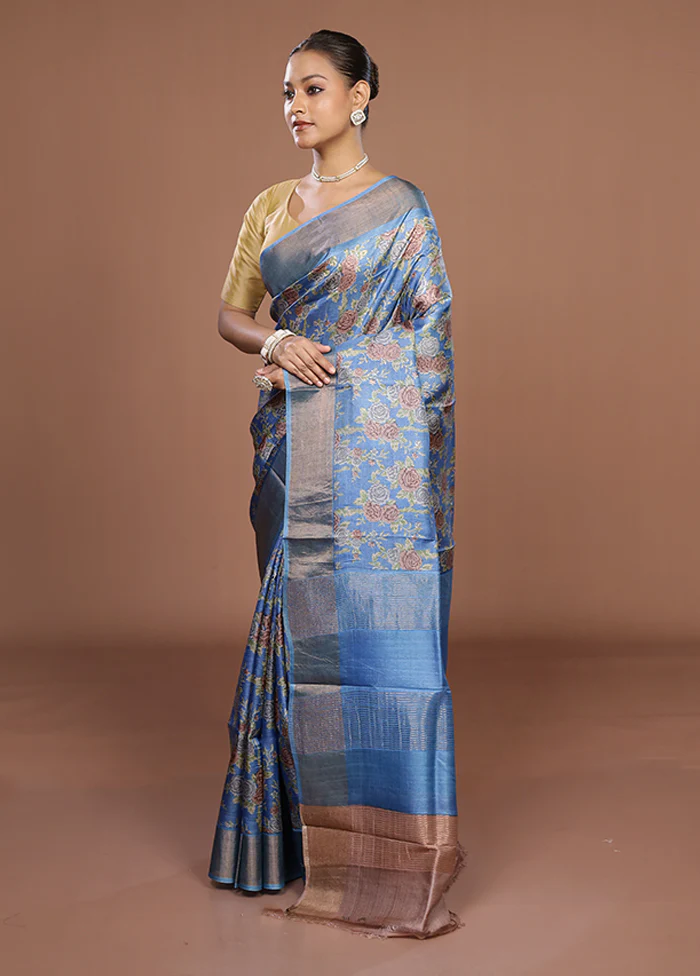 Blue Tussar Silk Saree With Blouse Piece - Image 4