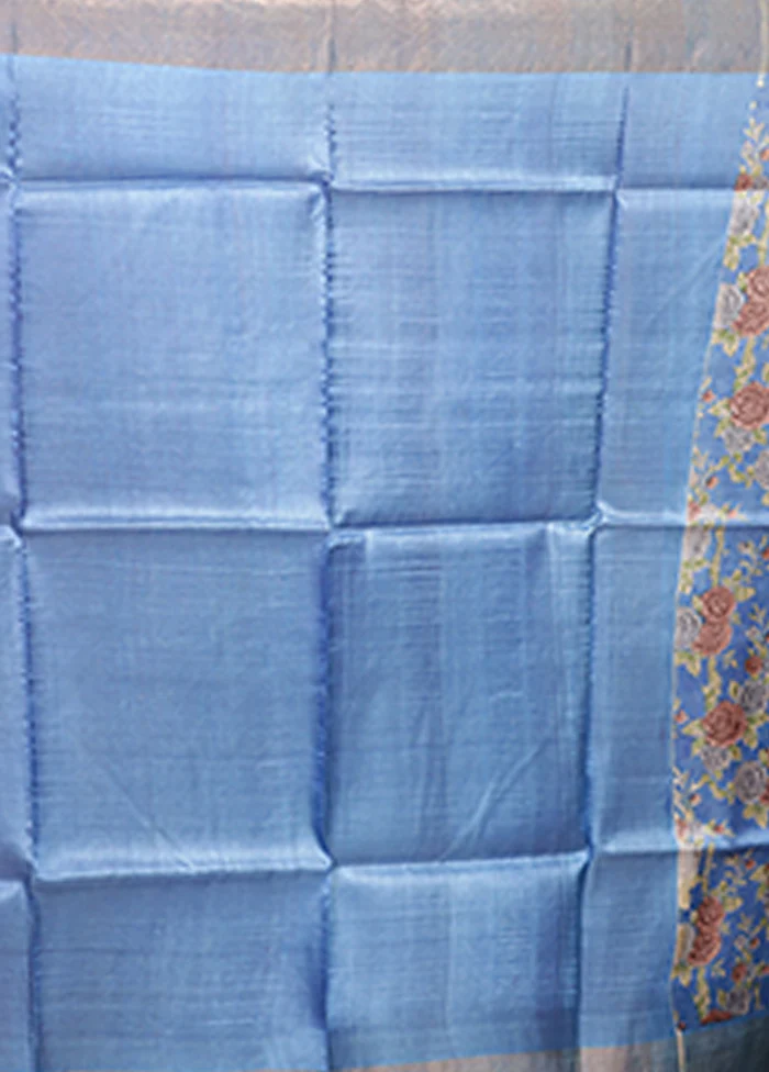 Blue Tussar Silk Saree With Blouse Piece - Image 5