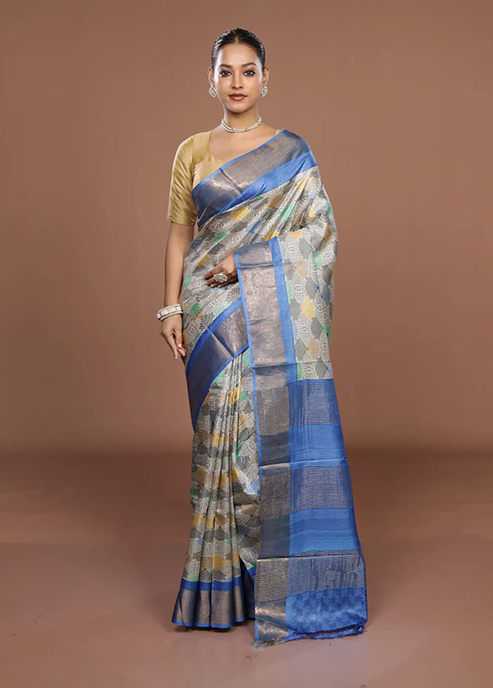Blue Tussar Silk Saree With Blouse Piece - Image 2