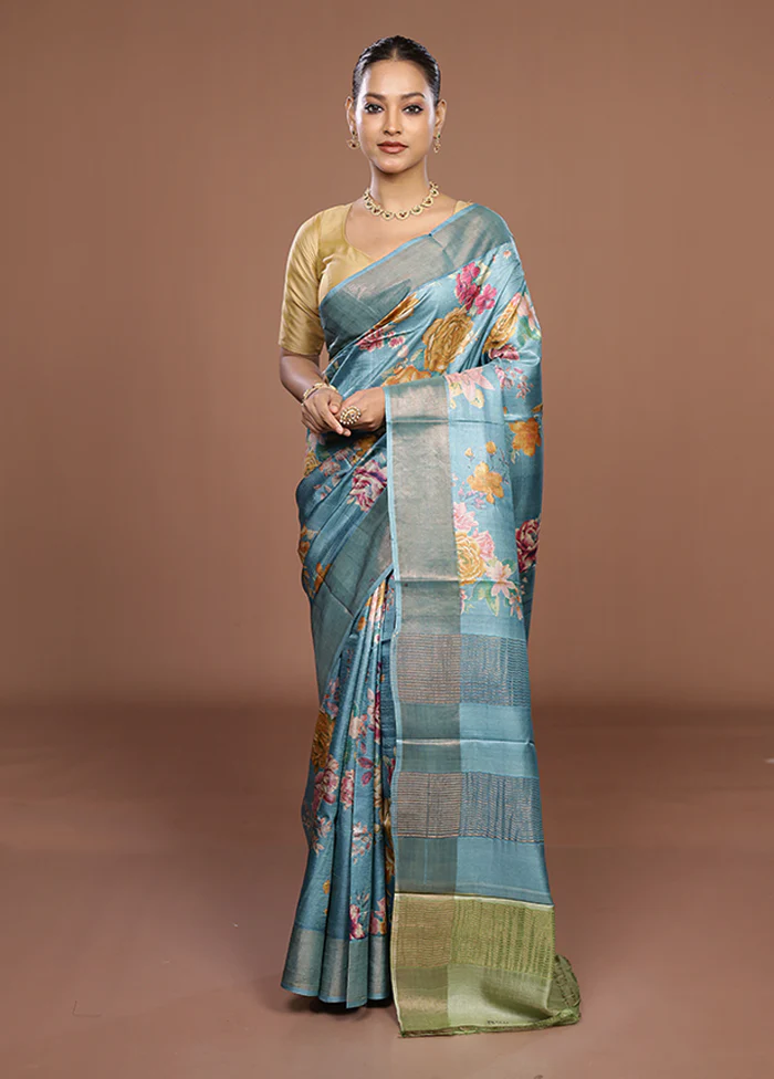 Blue Tussar Silk Saree With Blouse Piece - Image 2
