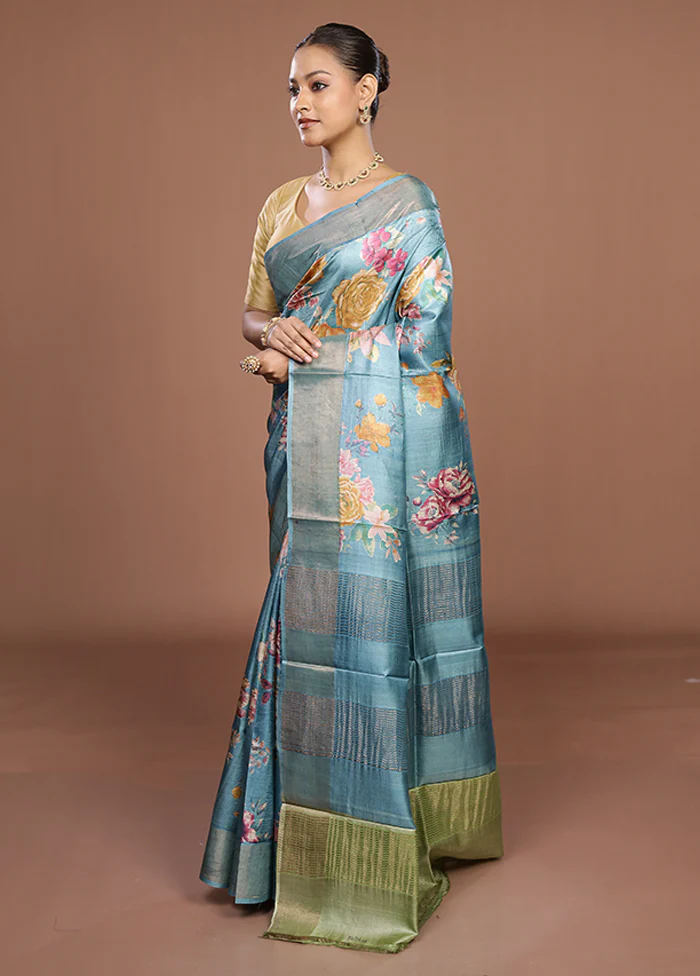 Blue Tussar Silk Saree With Blouse Piece - Image 4