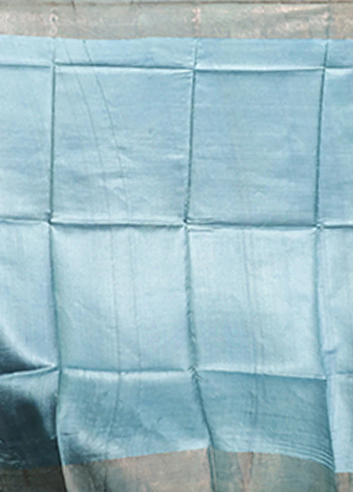 Blue Tussar Silk Saree With Blouse Piece - Image 5