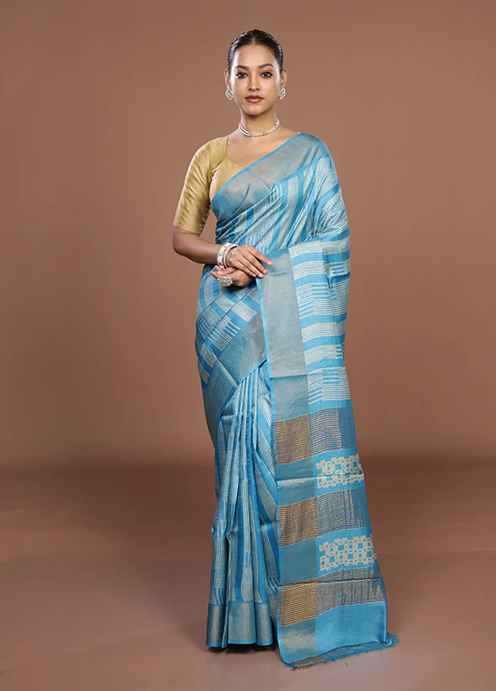 Blue Tussar Silk Saree With Blouse Piece - Image 2