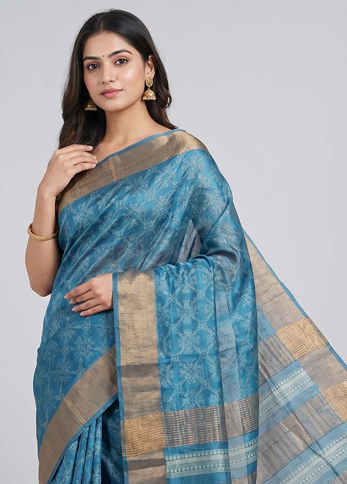 Blue Tussar Silk Saree With Blouse Piece - Image 2