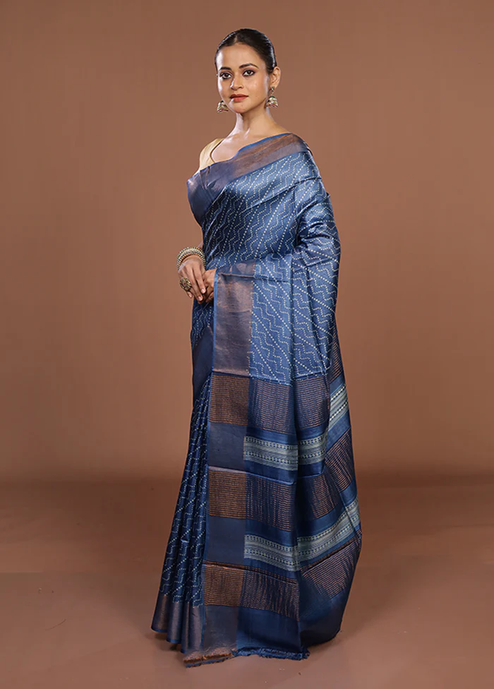 Blue Tussar Silk Saree With Blouse Piece - Image 4