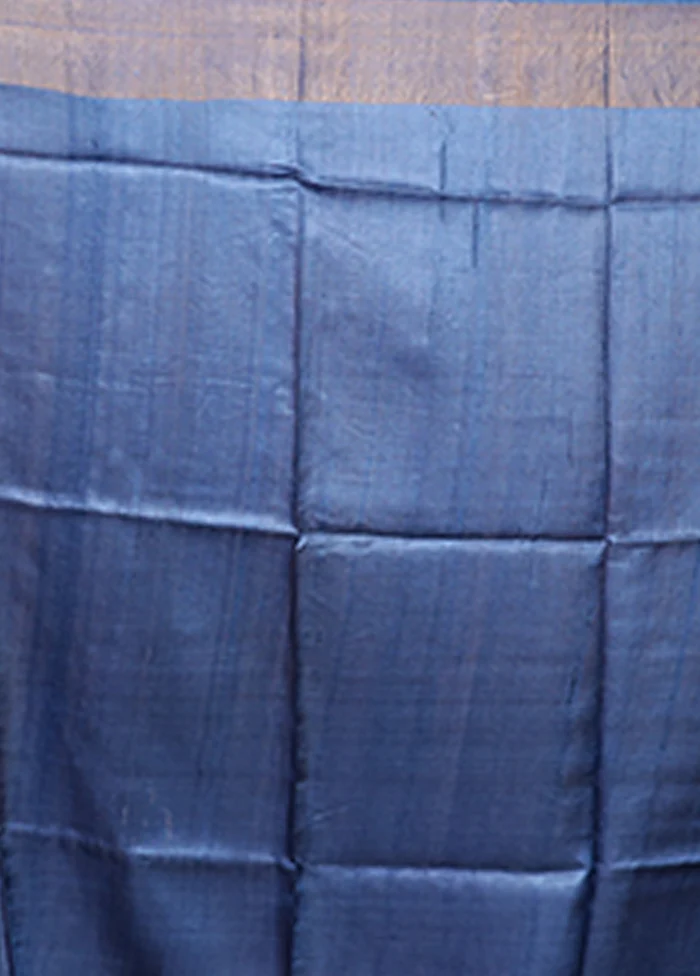 Blue Tussar Silk Saree With Blouse Piece - Image 5