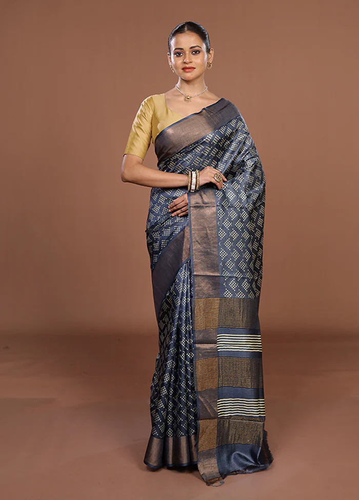 Blue Tussar Silk Saree With Blouse Piece - Image 2