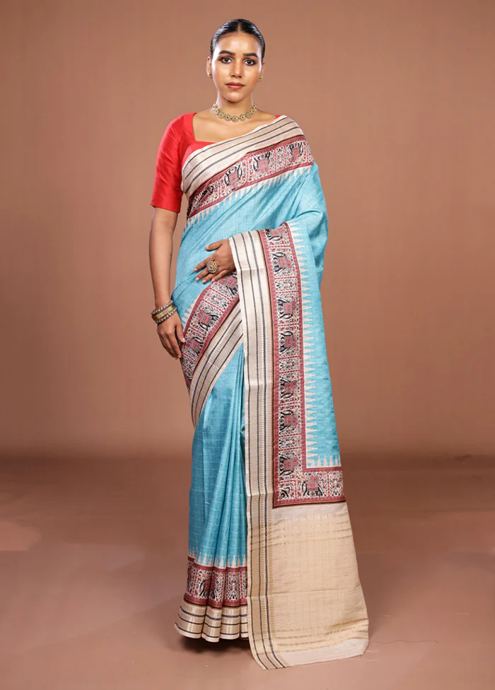 Blue Tussar Silk Saree With Blouse Piece - Image 2