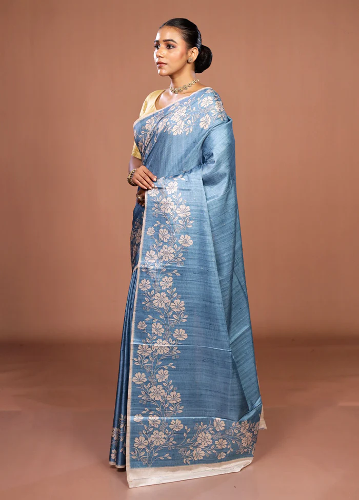 Blue Tussar Silk Saree With Blouse Piece - Image 4