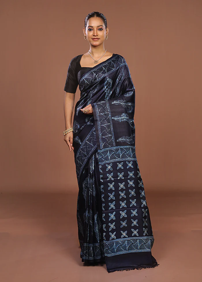 Blue Tussar Silk Saree With Blouse Piece - Image 2