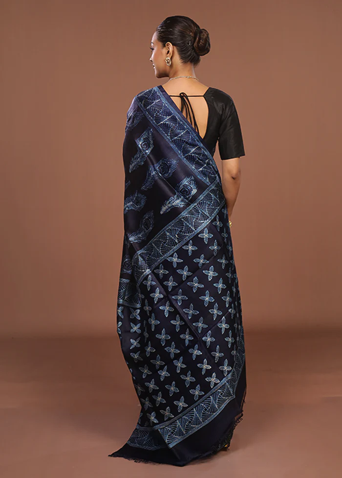 Blue Tussar Silk Saree With Blouse Piece - Image 3