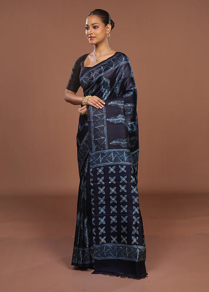 Blue Tussar Silk Saree With Blouse Piece - Image 4