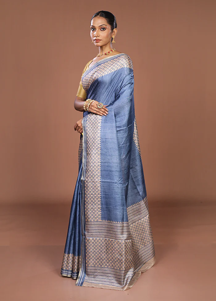 Blue Tussar Silk Saree With Blouse Piece - Image 4
