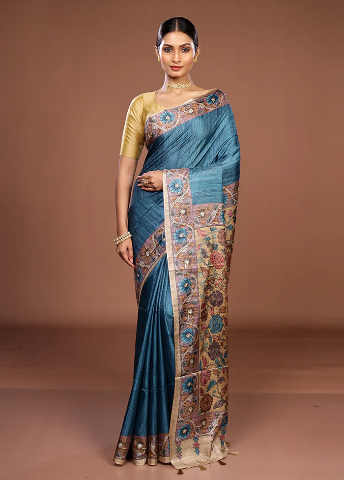 Blue Tussar Silk Saree With Blouse Piece - Image 2